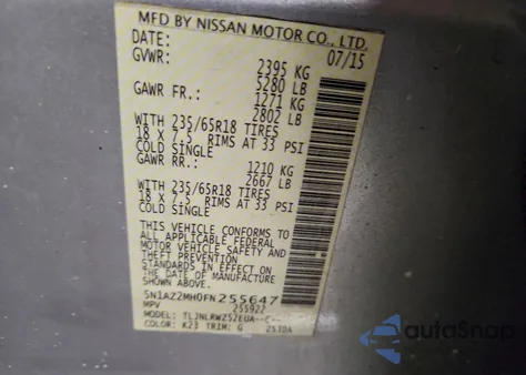 2015 Nissan Murano S из США, поврежденный, VIN 5N1AZ2MH0FN255647